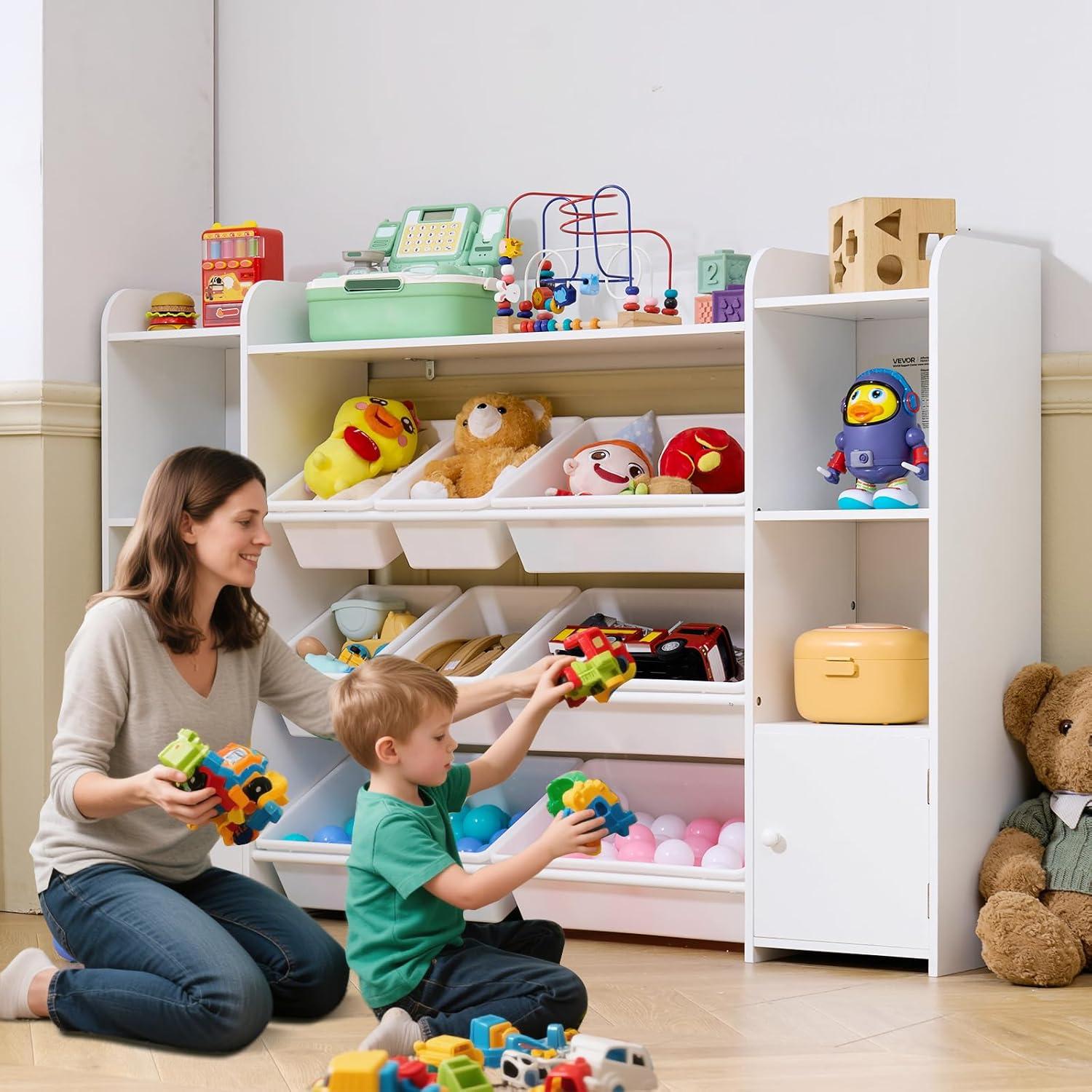 image:imageVEVOR Kids Toy Storage and Bookshelf 4Tier Large Toy Storage Organizer with 8 Flexible Plastic Bins Kids Cubby Cabinet with Bookshelf for Study Room Bedroom Playroom Classroom Nursery White546 Wide
