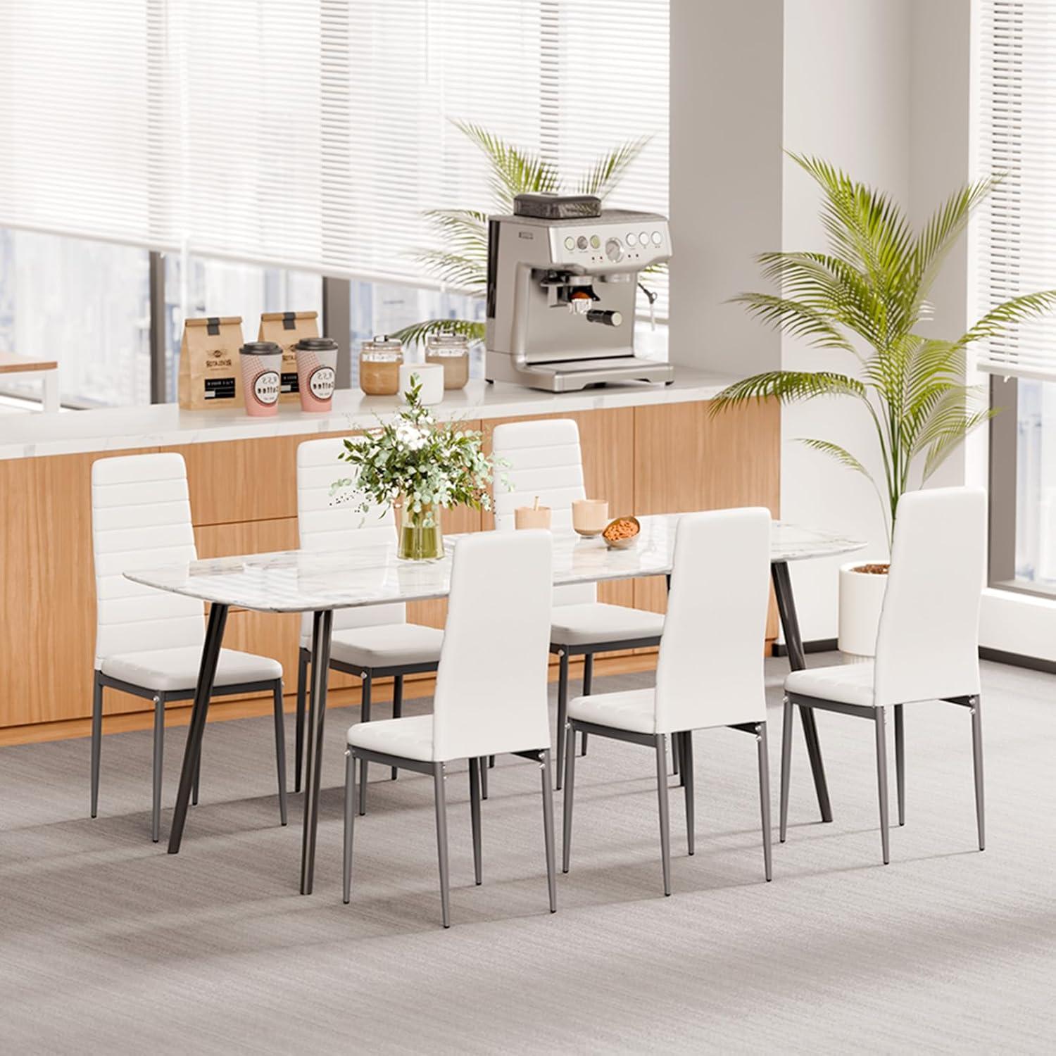 image:imageVEVOR Modern Dining Room Accent Chairs Set of 4 Upholstered Leather Side Chair for Living Room SpaceSaving Kitchen Chair with Thick Cushions and Metal Legs BlackSet of 6 White