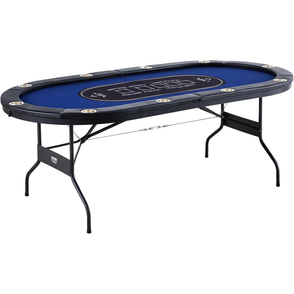image:imageVEVOR 90 Oval Casino Leisure Table 10 Player Blackjack Texas Holdem Poker Table with Stainless Steel Cup Holders and Padded Rails Portable Folding Card Board Game TableBlue