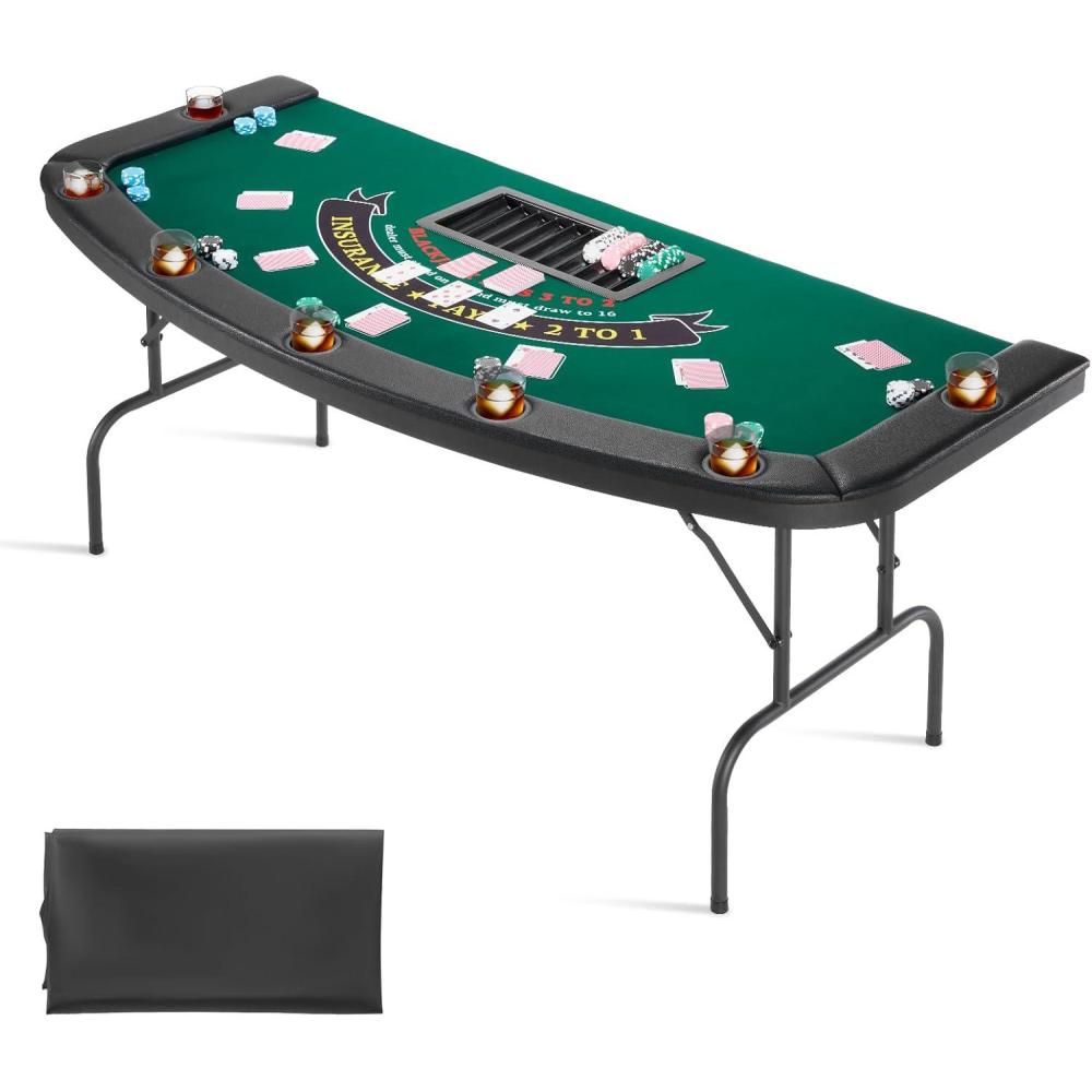 image:imageVEVOR 90 Oval Casino Leisure Table 10 Player Blackjack Texas Holdem Poker Table with Stainless Steel Cup Holders and Padded Rails Portable Folding Card Board Game TableGreen