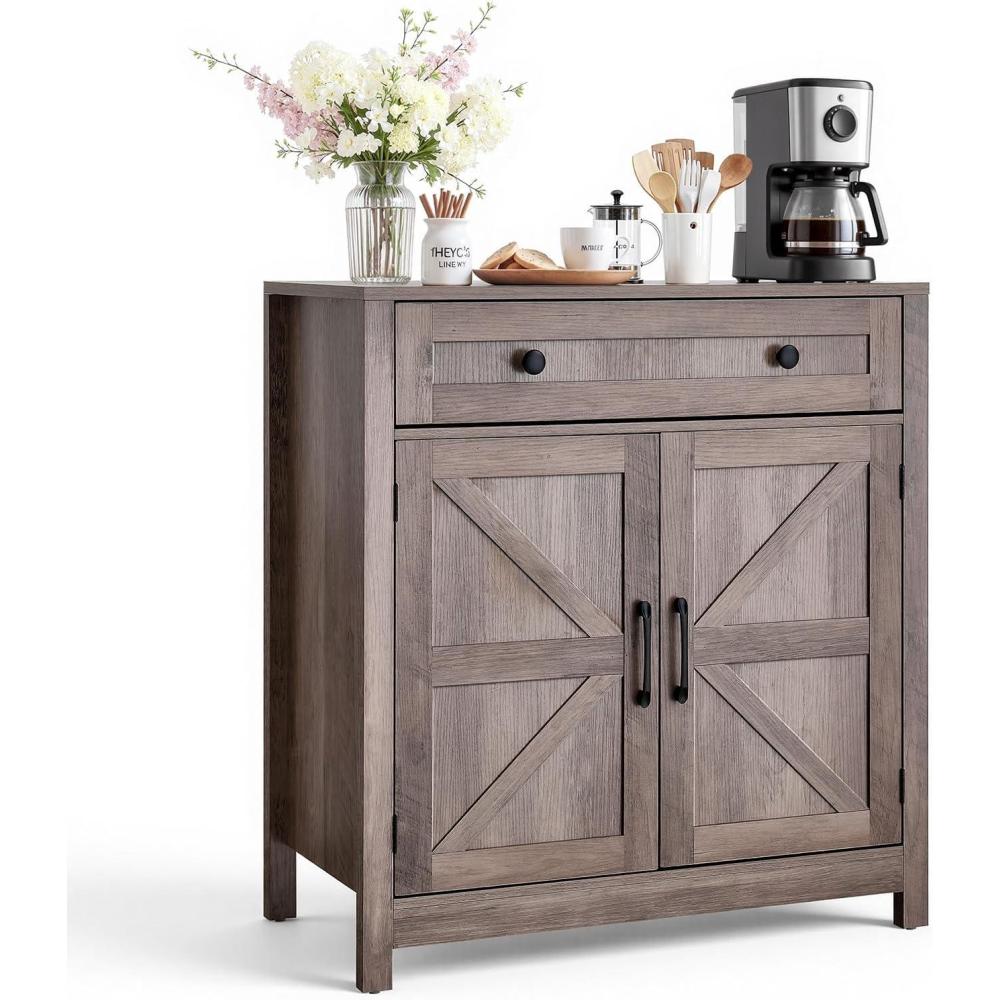 image:imageVEVOR Buffet Cabinet Farmhouse Sideboard Cabinet with Drawer 30 Coffee Bar Cabinet with Adjustable Shelves amp 2 Barn Door Sideboard Buffet Station for Living Room Entryway Kitchen WhiteGrey