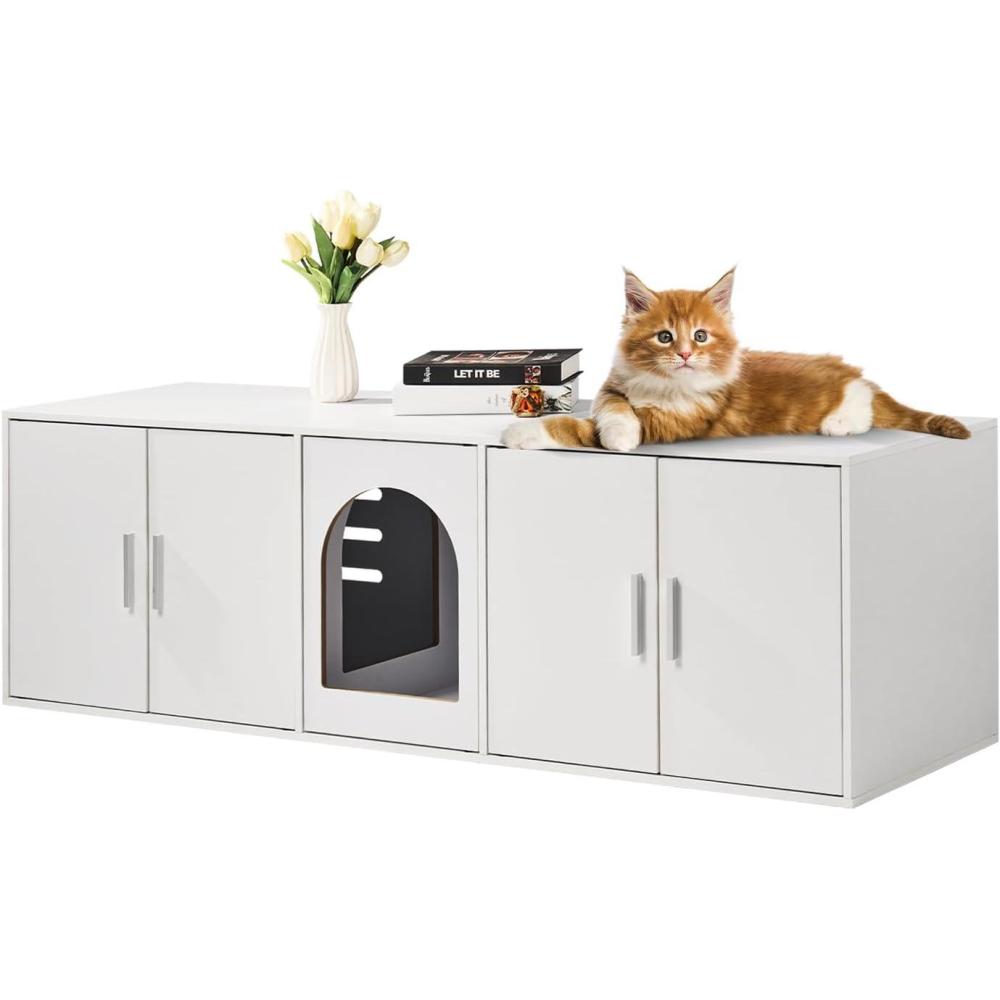 image:imageVEVOR Cat Litter Box Enclosure for 2 Cats Litter Box Furniture Hidden with Double Rooms Wooden Cat Box Cabinet Fit Most of Litter Box 579 L x 183 W x 179 H White