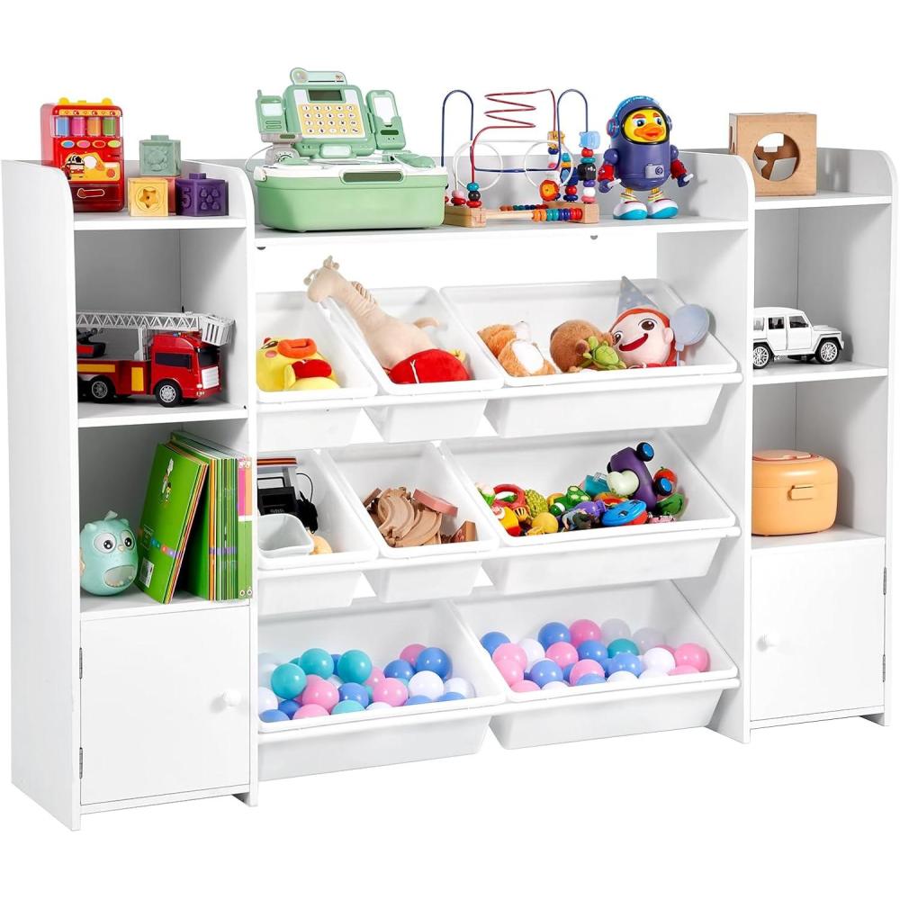 image:imageVEVOR Kids Toy Storage and Bookshelf 4Tier Large Toy Storage Organizer with 8 Flexible Plastic Bins Kids Cubby Cabinet with Bookshelf for Study Room Bedroom Playroom Classroom Nursery White546 Wide
