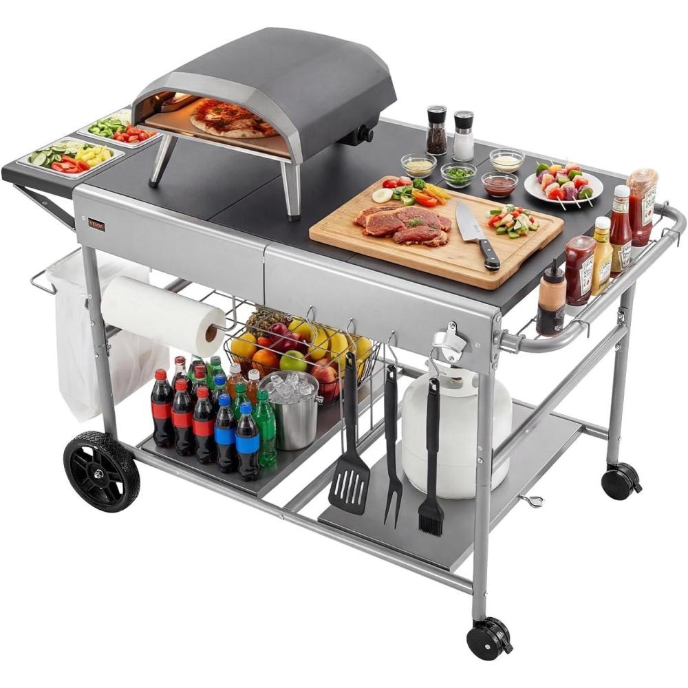 image:imageVEVOR Outdoor Grill Cart 310 x 170 inch Tabletop Size Grilling Table Foldable Outdoor Cooking Table with Tissue Holder Hooks Wheels Side Table BBQ Prep Tables for Picnic Kitchen CourtyardGrey
