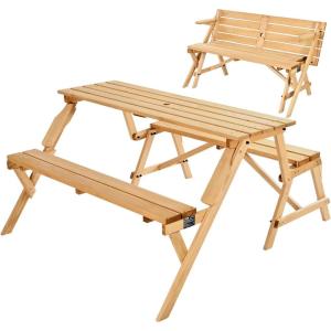 VEVOR 2-in-1 Transforming Interchangeable Picnic Table, Outdoor Wooden Table and Bench Set, Portable Foldable Bench with Umbrella Hole, Patio Dining Furniture for Garden, Backyard, Porch (Brown)