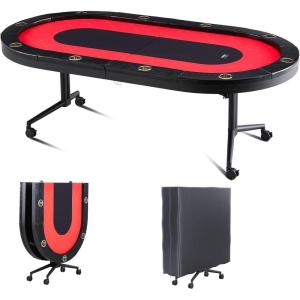 VEVOR 90″ Oval Casino Leisure Table: 10 Player, Blackjack Texas Holdem Poker Table with Stainless Steel Cup Holders and Padded Rails, Portable Folding Card Board Game Table(Red)