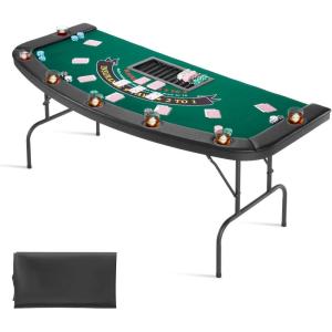 VEVOR 90″ Oval Casino Leisure Table: 10 Player, Blackjack Texas Holdem Poker Table with Stainless Steel Cup Holders and Padded Rails, Portable Folding Card Board Game Table(Green)