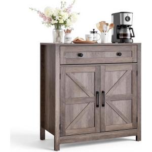 VEVOR Buffet Cabinet, Farmhouse Sideboard Cabinet with Drawer, 30″ Coffee Bar Cabinet with Adjustable Shelves & 2 Barn Door, Sideboard Buffet Station for Living Room, Entryway, Kitchen, White(Grey)