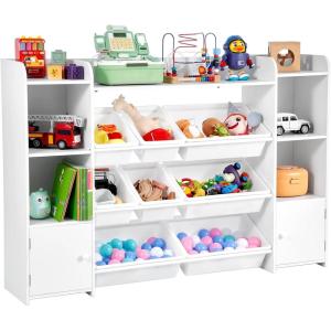 VEVOR Kids Toy Storage and Bookshelf, 4-Tier Large Toy Storage Organizer with 8 Flexible Plastic Bins, Kids Cubby Cabinet with Bookshelf for Study Room, Bedroom, Playroom, Classroom, Nursery, White(54.6″ Wide)