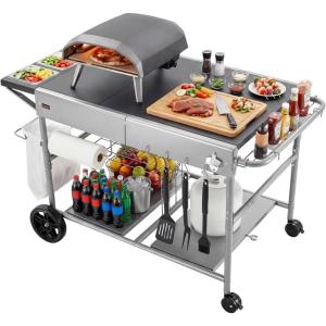 VEVOR Outdoor Grill Cart, 31.0 x 17.0 inch Tabletop Size Grilling Table, Foldable Outdoor Cooking Table with Tissue Holder, Hooks, Wheels, Side Table, BBQ Prep Tables for Picnic, Kitchen, Courtyard(Grey)