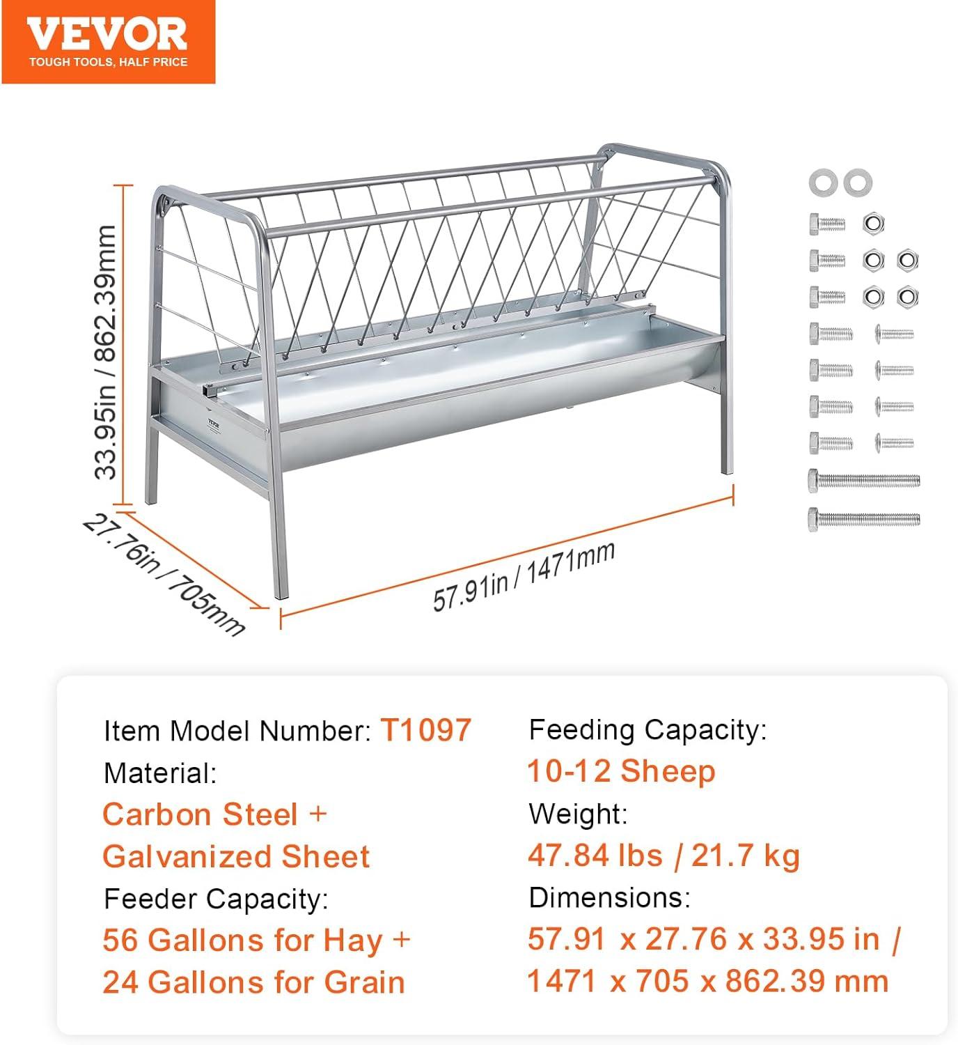image:imageVEVOR 2 in 1 Livestock Hay Feeder 80Gallon Capacity 59 Long Goat Hay Feeder with Deeper Feeding Pan Heavy Duty Steel for Sheep Farms Sheds