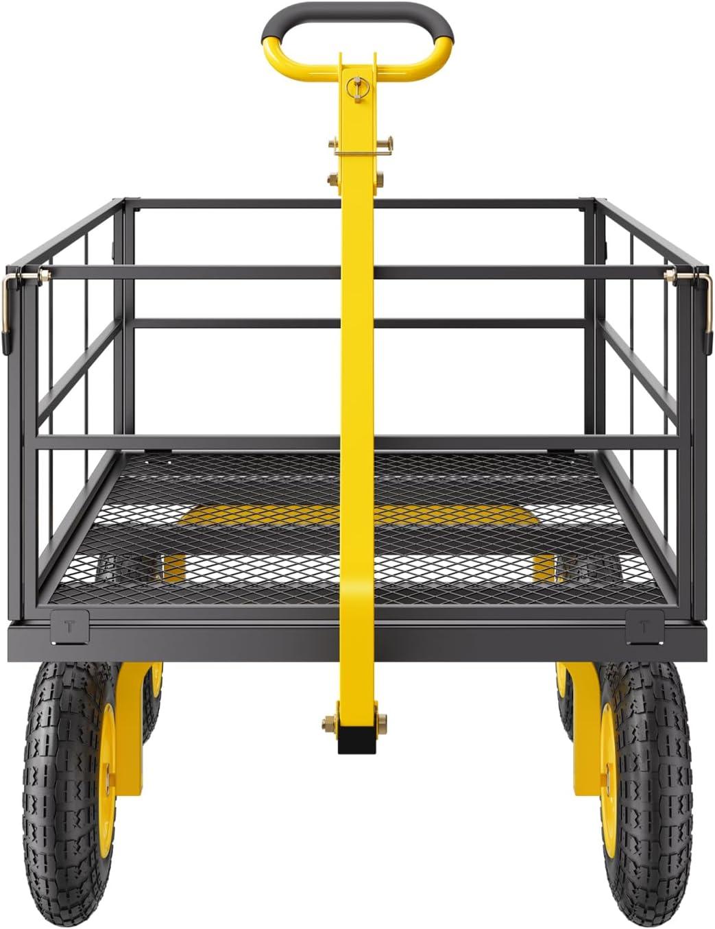 image:imageVEVOR 900 LBS Steel Garden Cart 2 in 1 Handle Heavy Duty Pullable Garden Wagon with 10 FlatFree Tires Outdoor Utility Yard Wagon Cart with Detachable Side Panels Attach to ATV or TractorBlackyellow