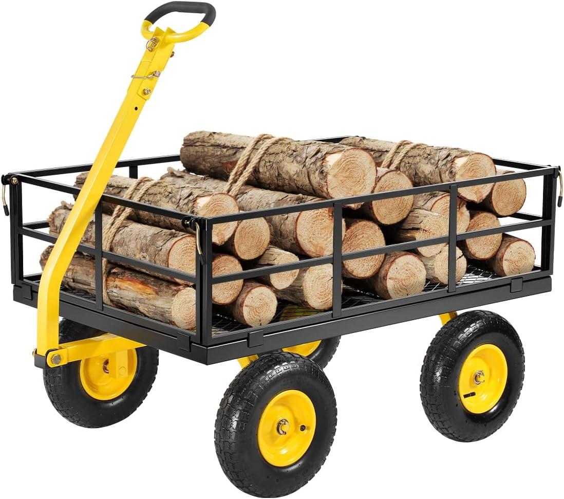 image:imageVEVOR 900 LBS Steel Garden Cart 2 in 1 Handle Heavy Duty Pullable Garden Wagon with 10 FlatFree Tires Outdoor Utility Yard Wagon Cart with Detachable Side Panels Attach to ATV or TractorBlackyellow