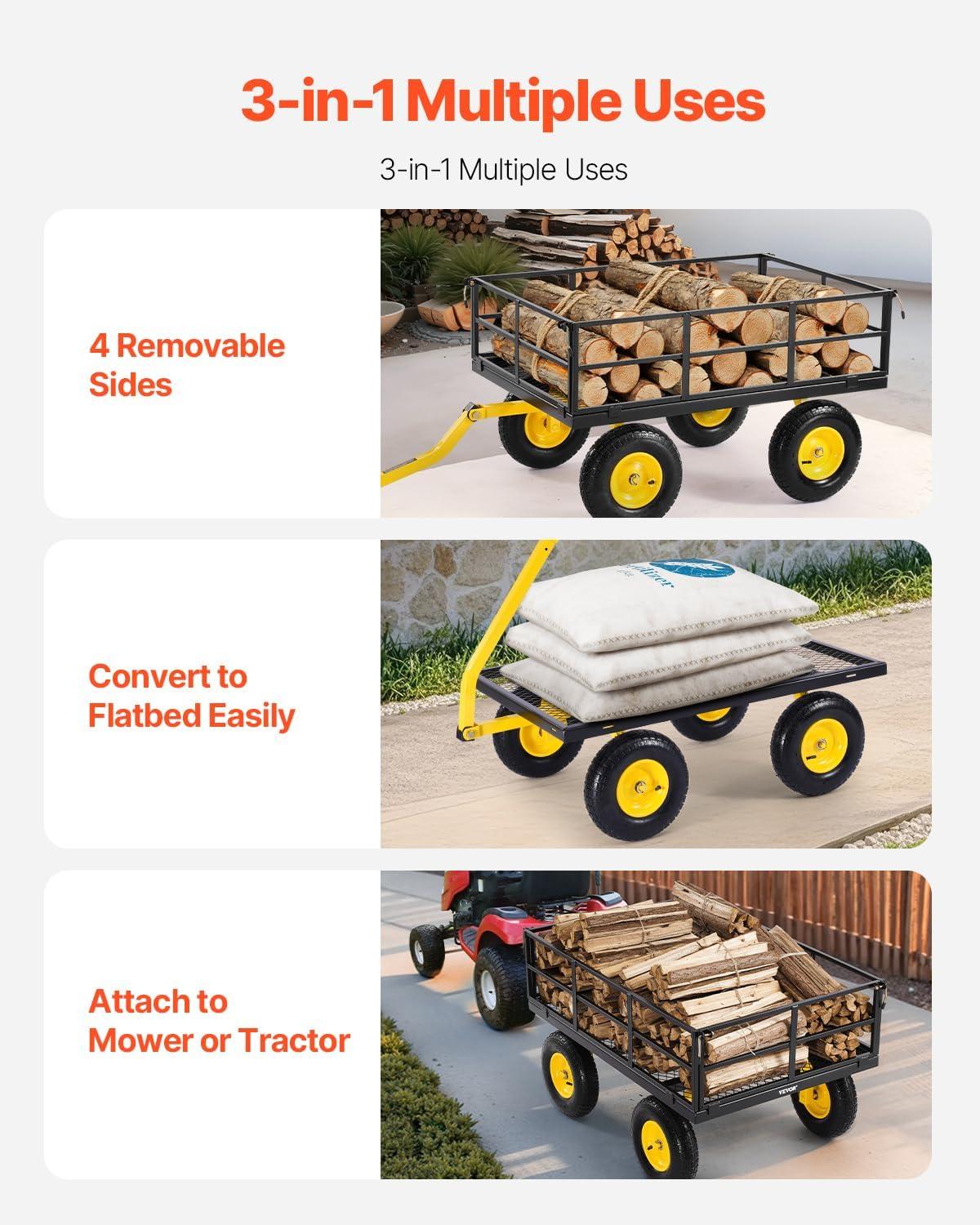 image:imageVEVOR 900 LBS Steel Garden Cart 2 in 1 Handle Heavy Duty Pullable Garden Wagon with 10 FlatFree Tires Outdoor Utility Yard Wagon Cart with Detachable Side Panels Attach to ATV or TractorBlackyellow