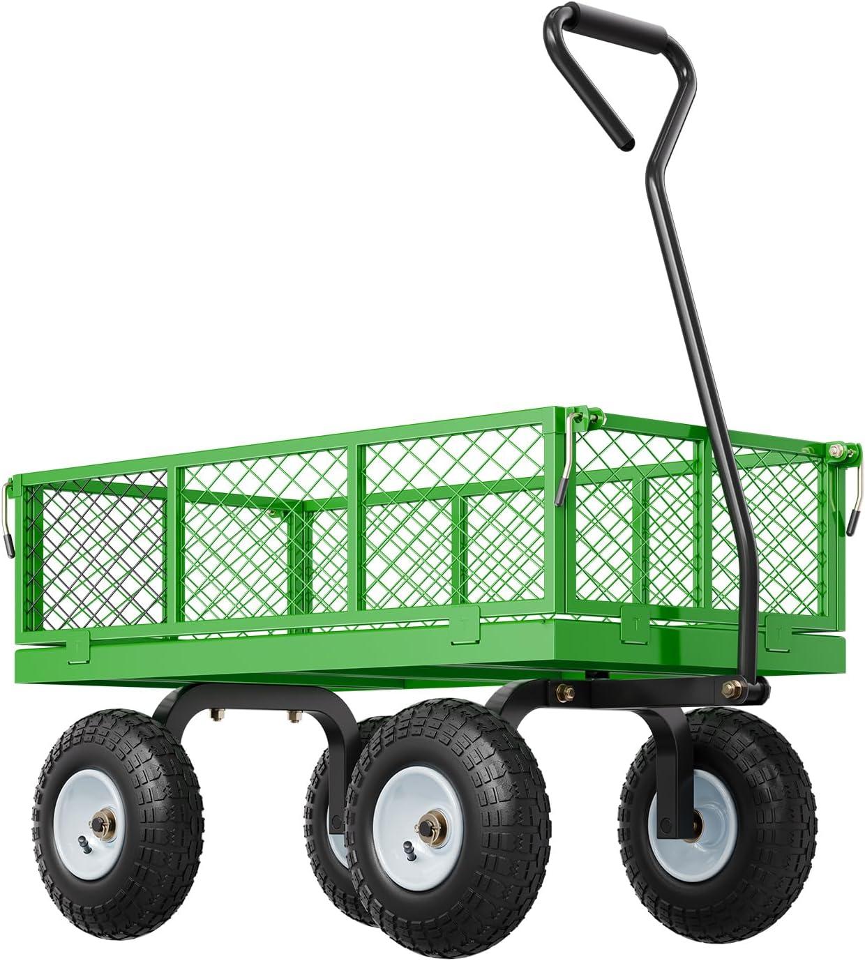image:imageVEVOR 900 LBS Steel Garden Cart 2 in 1 Handle Heavy Duty Pullable Garden Wagon with 10 FlatFree Tires Outdoor Utility Yard Wagon Cart with Detachable Side Panels Attach to ATV or TractorBlackgreen