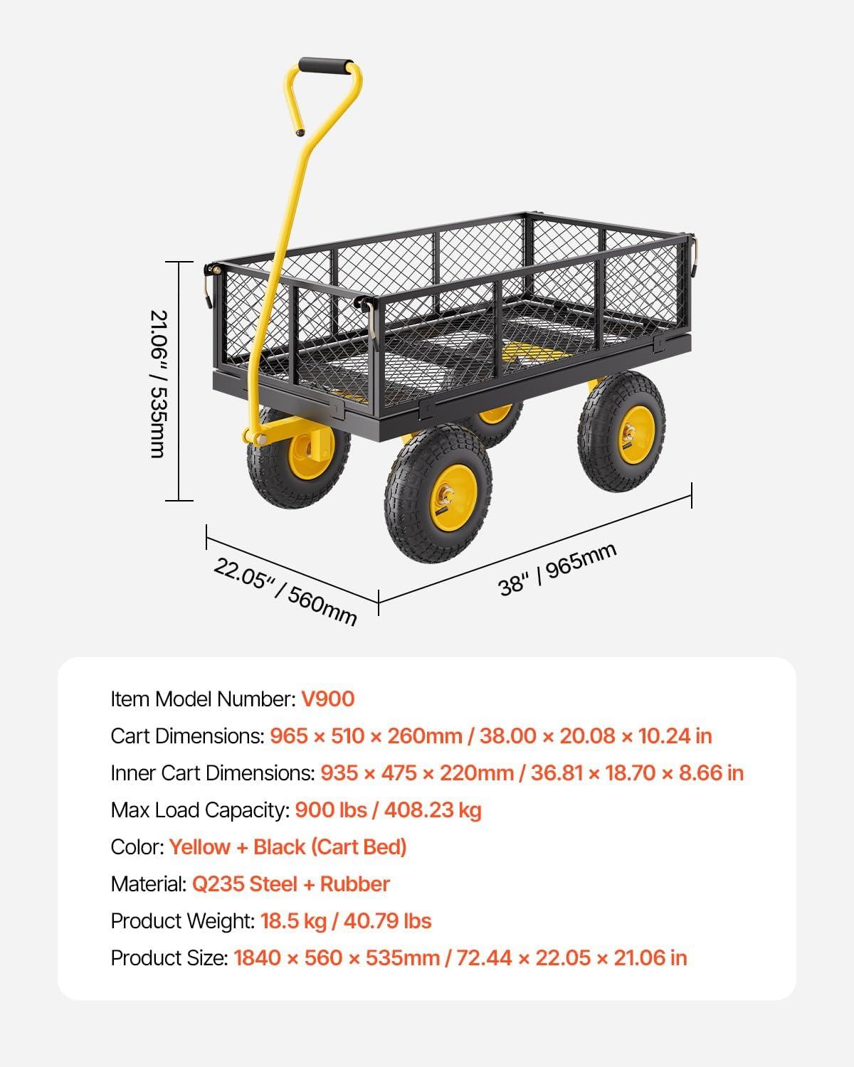 image:imageVEVOR 900 LBS Steel Garden Cart 2 in 1 Handle Heavy Duty Pullable Garden Wagon with 10 FlatFree Tires Outdoor Utility Yard Wagon Cart with Detachable Side Panels Attach to ATV or TractorBlackyellow