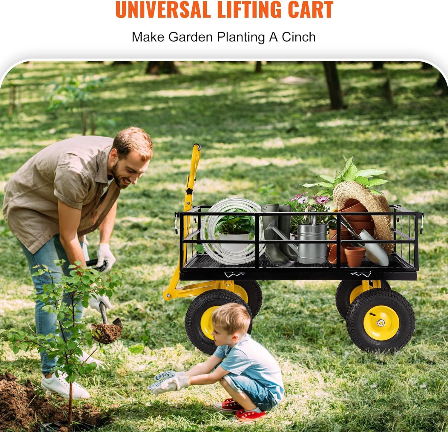 image:imageVEVOR 900 LBS Steel Garden Cart 2 in 1 Handle Heavy Duty Pullable Garden Wagon with 10 FlatFree Tires Outdoor Utility Yard Wagon Cart with Detachable Side Panels Attach to ATV or TractorBlackyellow