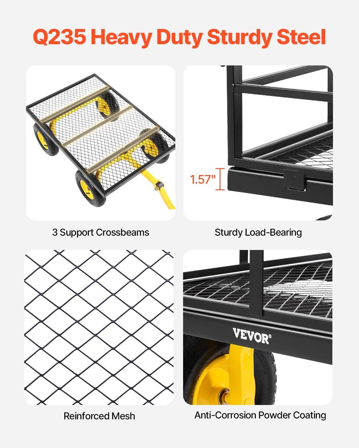 image:imageVEVOR 900 LBS Steel Garden Cart 2 in 1 Handle Heavy Duty Pullable Garden Wagon with 10 FlatFree Tires Outdoor Utility Yard Wagon Cart with Detachable Side Panels Attach to ATV or TractorBlackyellow