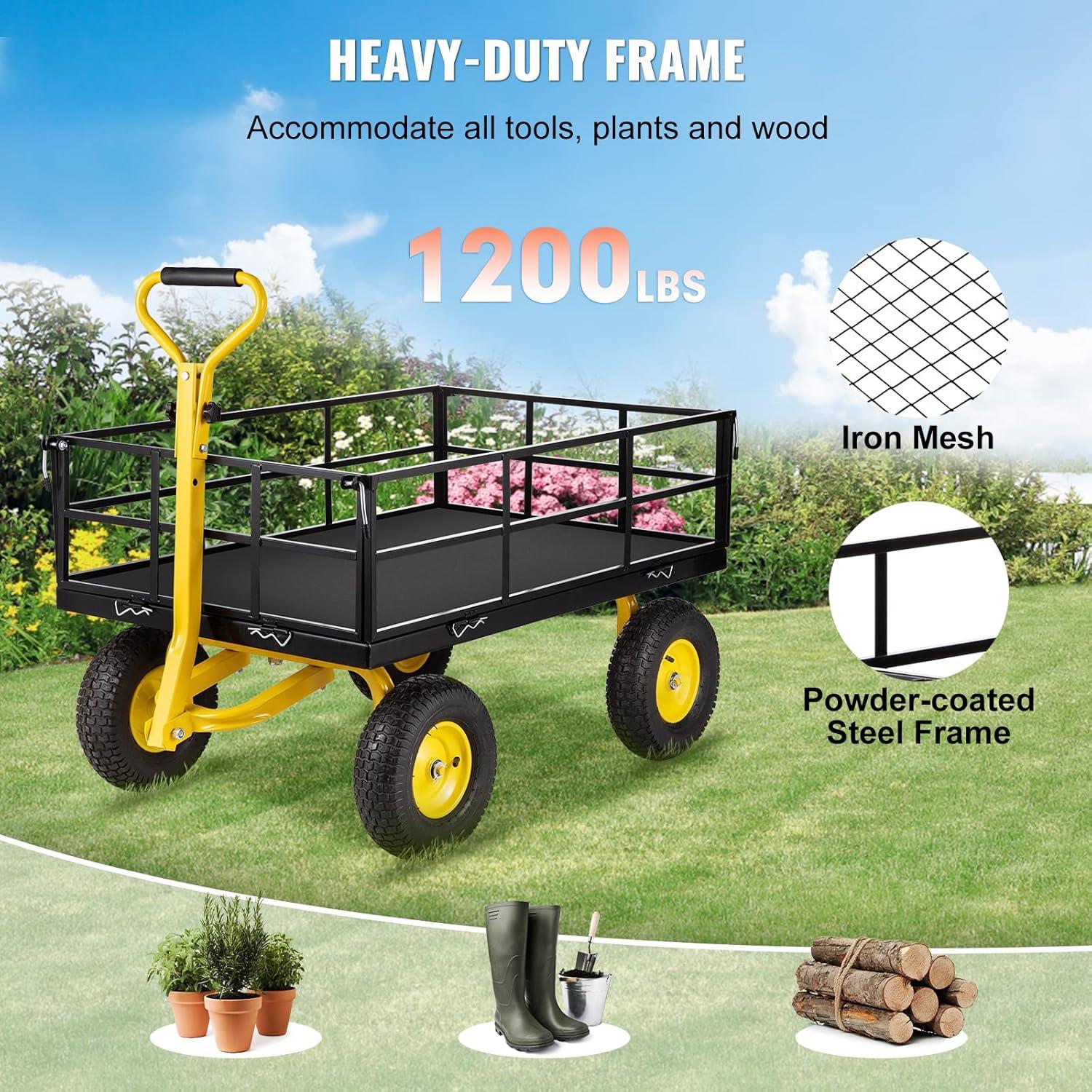 image:imageVEVOR 900 LBS Steel Garden Cart 2 in 1 Handle Heavy Duty Pullable Garden Wagon with 10 FlatFree Tires Outdoor Utility Yard Wagon Cart with Detachable Side Panels Attach to ATV or TractorBlackyellow