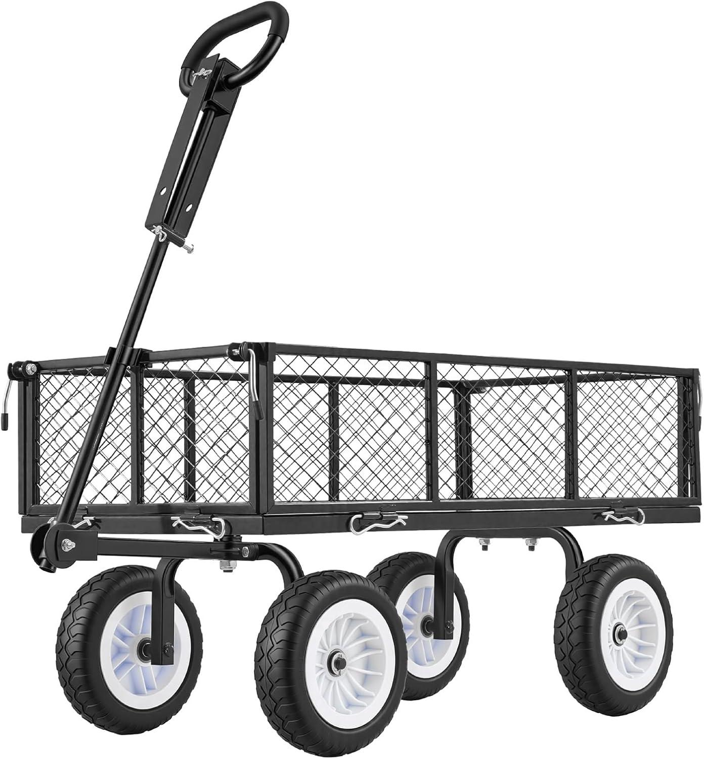 image:imageVEVOR 900 LBS Steel Garden Cart 2 in 1 Handle Heavy Duty Pullable Garden Wagon with 10 FlatFree Tires Outdoor Utility Yard Wagon Cart with Detachable Side Panels Attach to ATV or TractorBlack