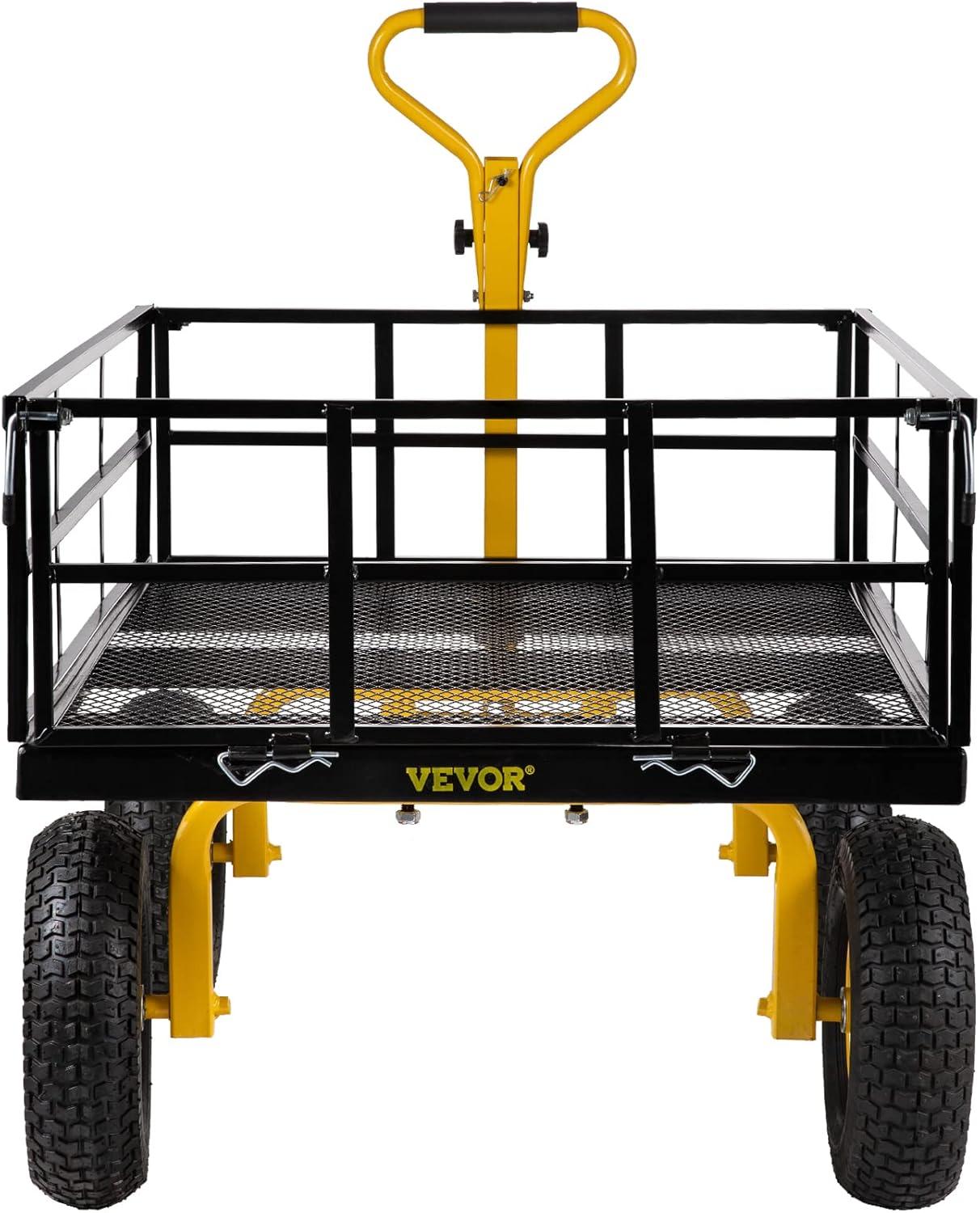 image:imageVEVOR 900 LBS Steel Garden Cart 2 in 1 Handle Heavy Duty Pullable Garden Wagon with 10 FlatFree Tires Outdoor Utility Yard Wagon Cart with Detachable Side Panels Attach to ATV or TractorBlackyellow