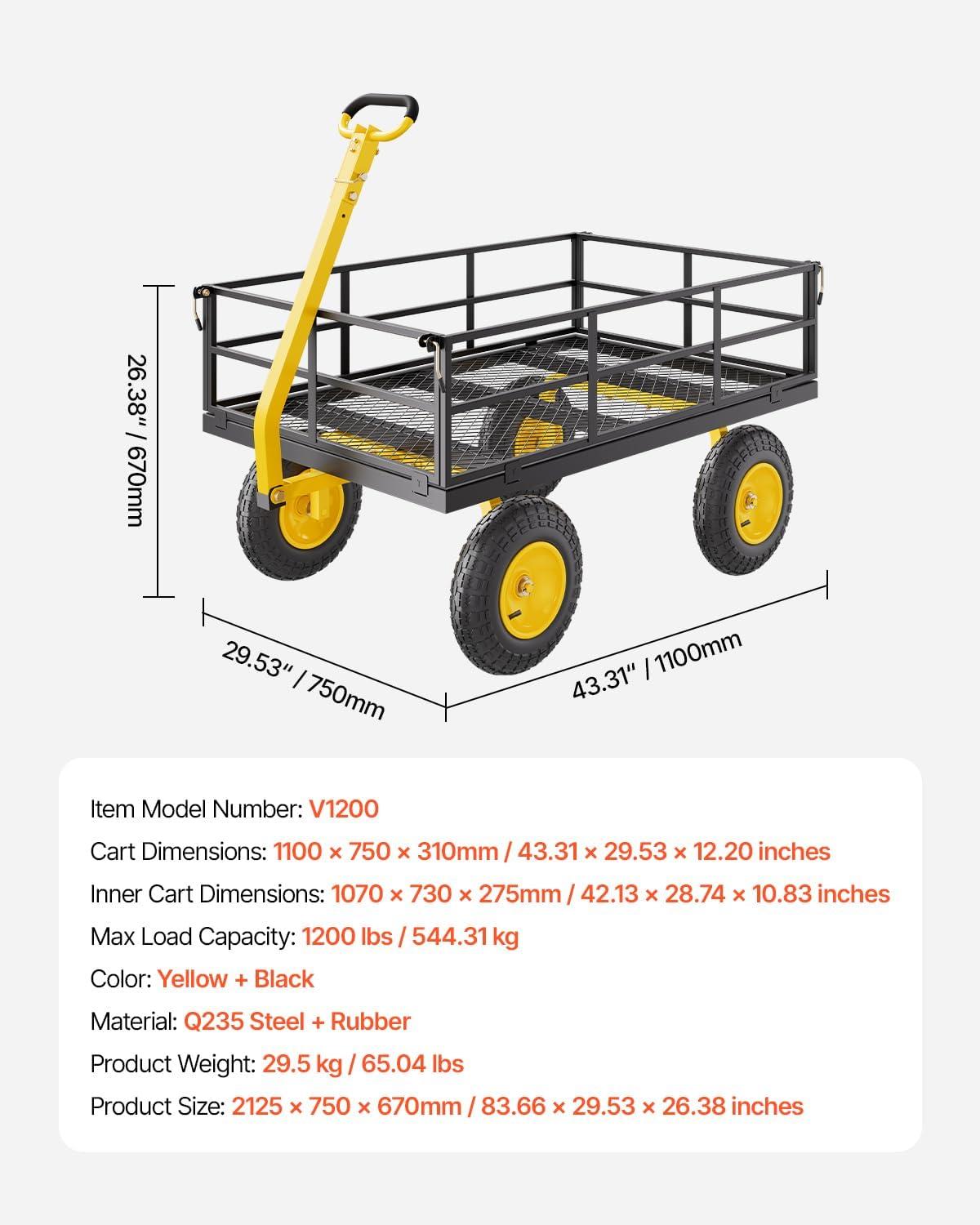 image:imageVEVOR 900 LBS Steel Garden Cart 2 in 1 Handle Heavy Duty Pullable Garden Wagon with 10 FlatFree Tires Outdoor Utility Yard Wagon Cart with Detachable Side Panels Attach to ATV or TractorBlackyellow