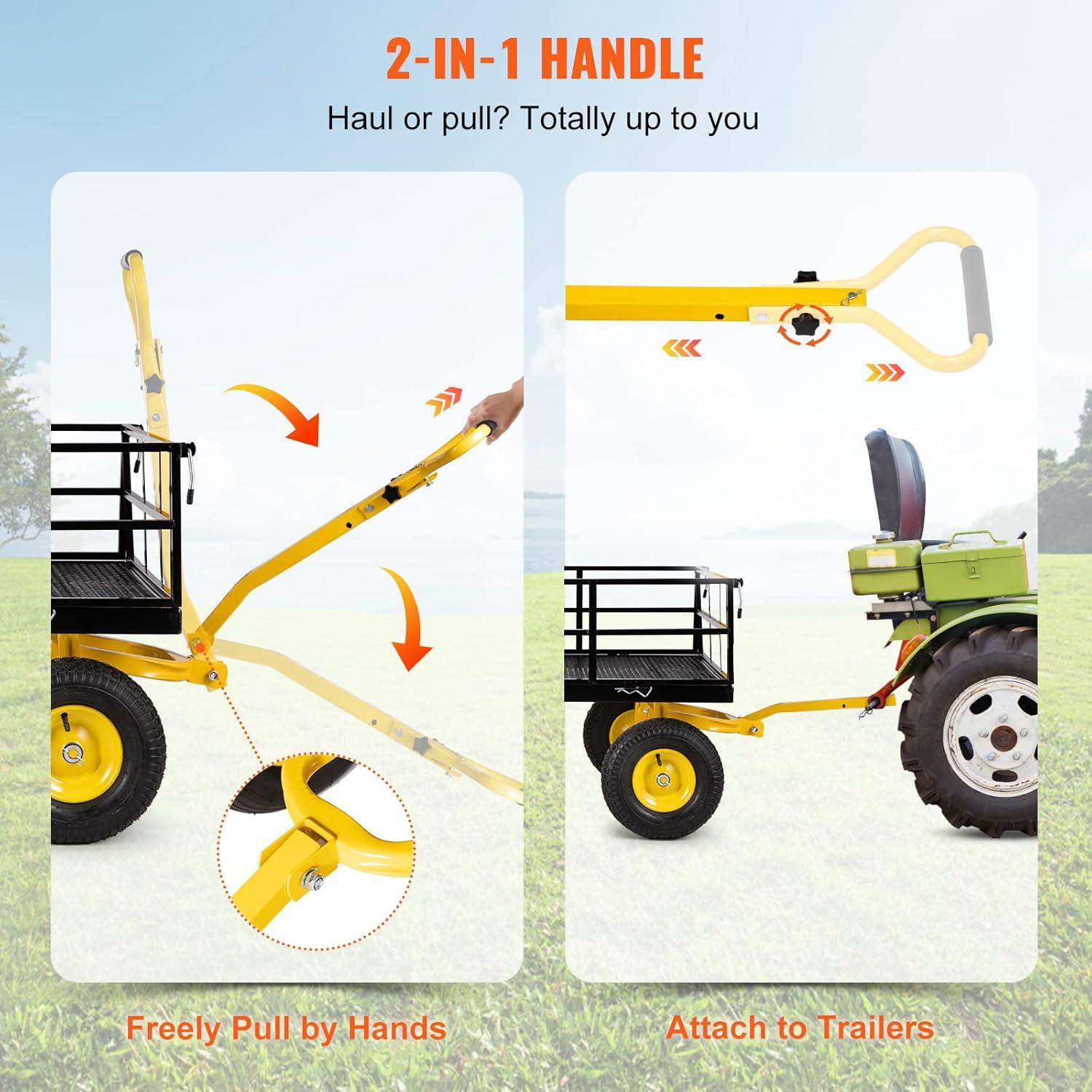 image:imageVEVOR 900 LBS Steel Garden Cart 2 in 1 Handle Heavy Duty Pullable Garden Wagon with 10 FlatFree Tires Outdoor Utility Yard Wagon Cart with Detachable Side Panels Attach to ATV or TractorBlackyellow