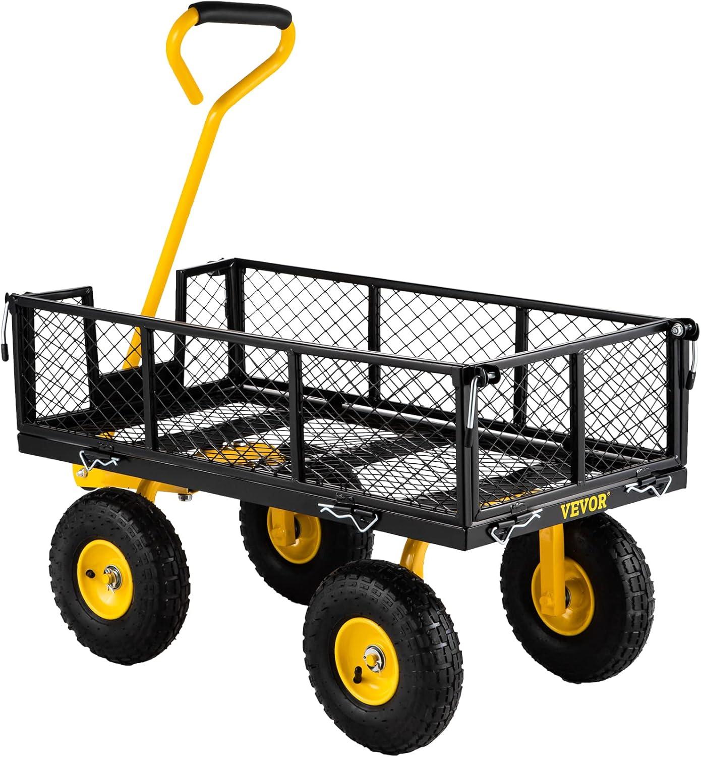 image:imageVEVOR 900 LBS Steel Garden Cart 2 in 1 Handle Heavy Duty Pullable Garden Wagon with 10 FlatFree Tires Outdoor Utility Yard Wagon Cart with Detachable Side Panels Attach to ATV or TractorBlackyellow
