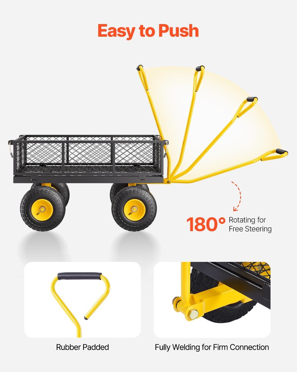image:imageVEVOR 900 LBS Steel Garden Cart 2 in 1 Handle Heavy Duty Pullable Garden Wagon with 10 FlatFree Tires Outdoor Utility Yard Wagon Cart with Detachable Side Panels Attach to ATV or TractorBlackyellow