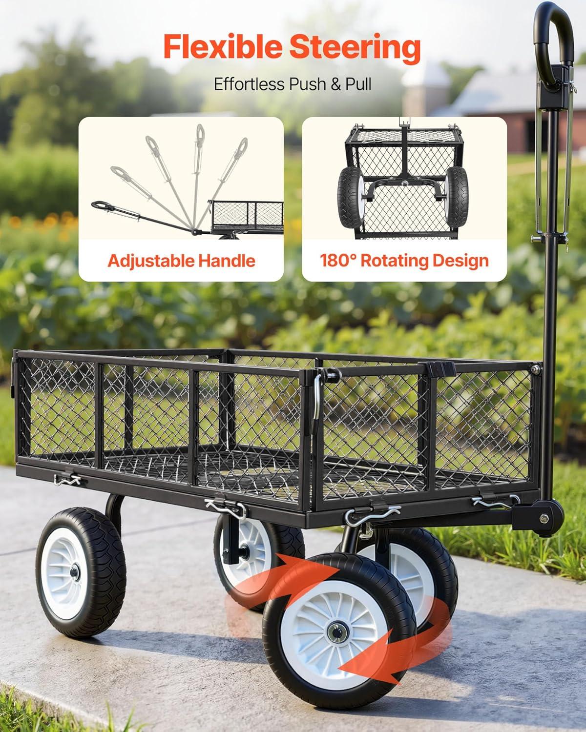 image:imageVEVOR 900 LBS Steel Garden Cart 2 in 1 Handle Heavy Duty Pullable Garden Wagon with 10 FlatFree Tires Outdoor Utility Yard Wagon Cart with Detachable Side Panels Attach to ATV or TractorBlack