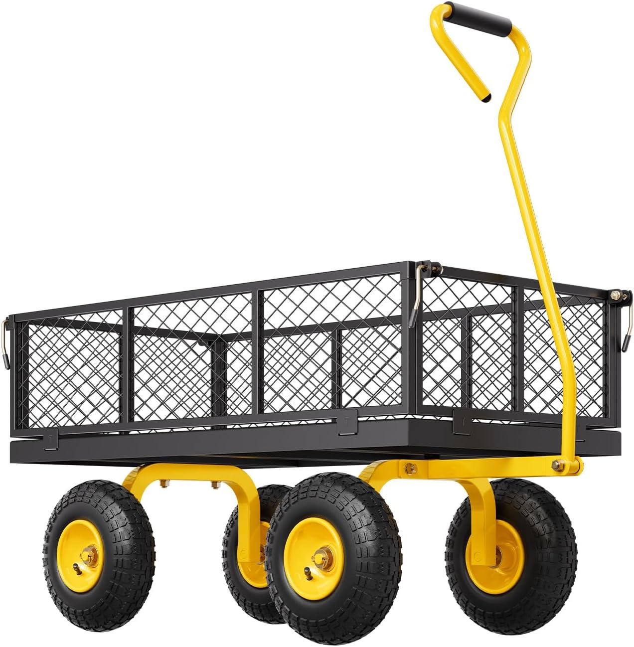 image:imageVEVOR 900 LBS Steel Garden Cart 2 in 1 Handle Heavy Duty Pullable Garden Wagon with 10 FlatFree Tires Outdoor Utility Yard Wagon Cart with Detachable Side Panels Attach to ATV or TractorBlackyellow