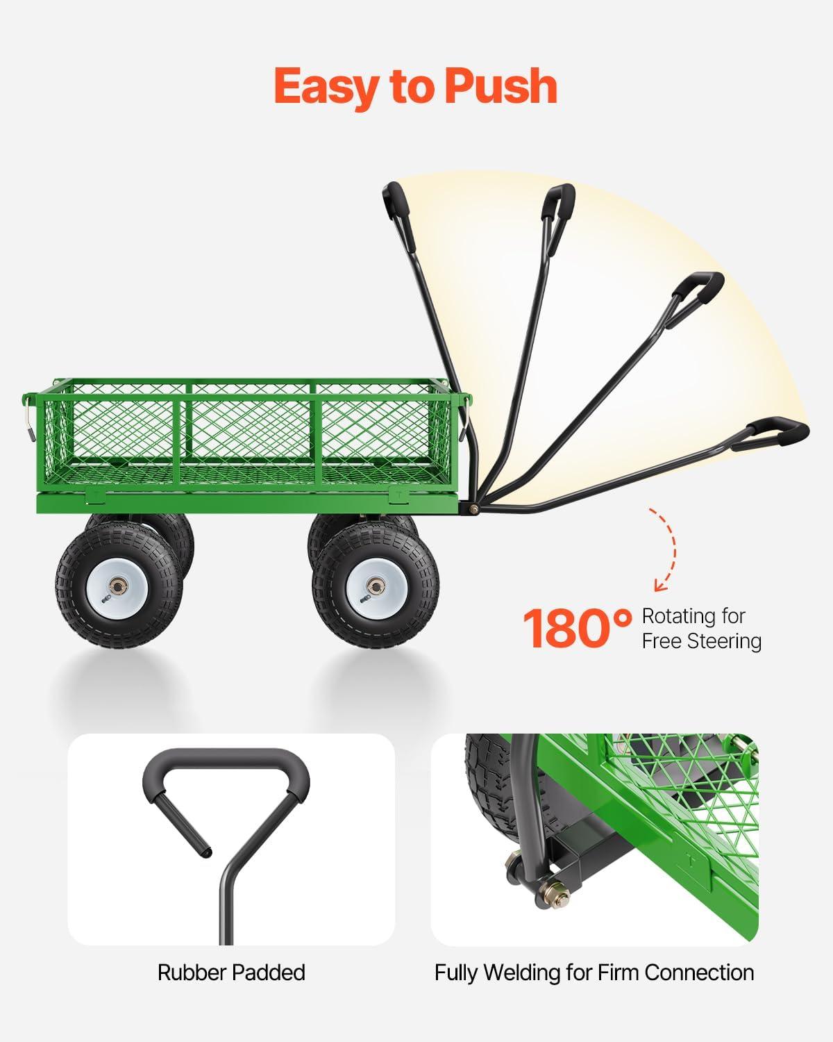 image:imageVEVOR 900 LBS Steel Garden Cart 2 in 1 Handle Heavy Duty Pullable Garden Wagon with 10 FlatFree Tires Outdoor Utility Yard Wagon Cart with Detachable Side Panels Attach to ATV or TractorBlackgreen