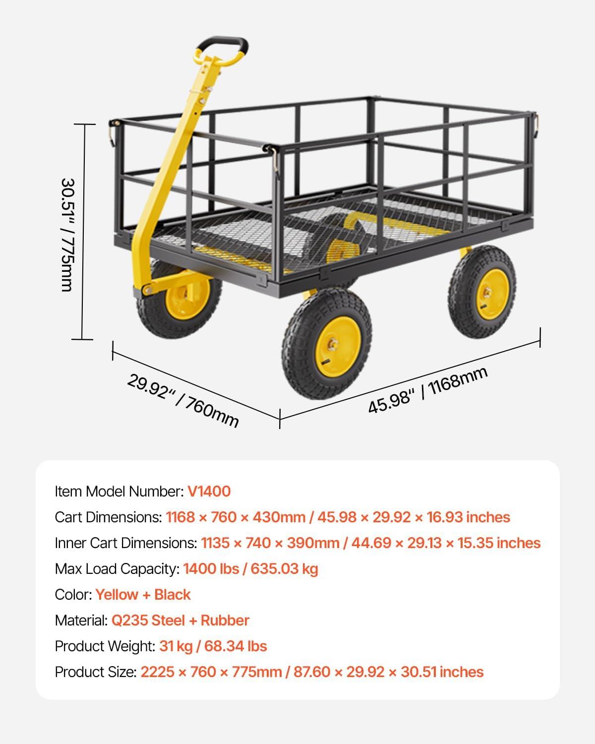 image:imageVEVOR 900 LBS Steel Garden Cart 2 in 1 Handle Heavy Duty Pullable Garden Wagon with 10 FlatFree Tires Outdoor Utility Yard Wagon Cart with Detachable Side Panels Attach to ATV or TractorBlackyellow