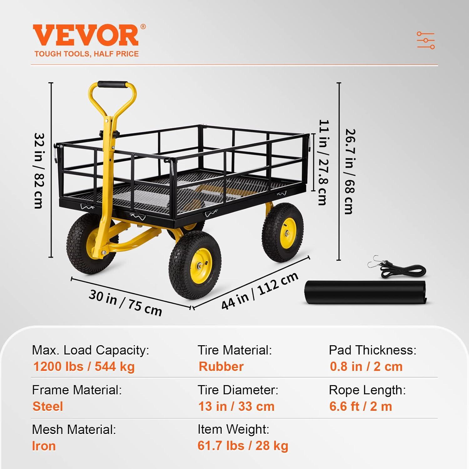 image:imageVEVOR 900 LBS Steel Garden Cart 2 in 1 Handle Heavy Duty Pullable Garden Wagon with 10 FlatFree Tires Outdoor Utility Yard Wagon Cart with Detachable Side Panels Attach to ATV or TractorBlackyellow