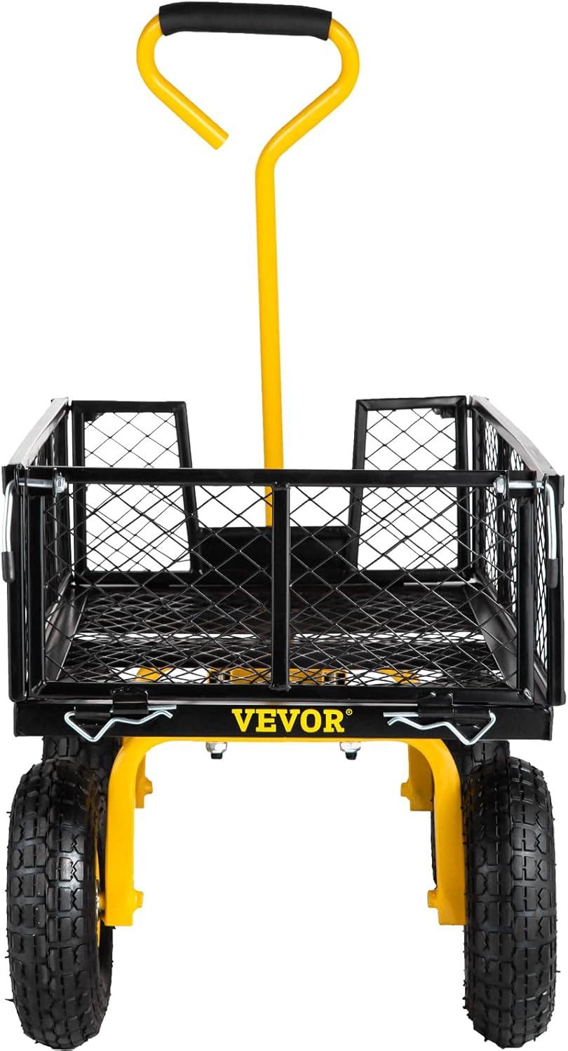 image:imageVEVOR 900 LBS Steel Garden Cart 2 in 1 Handle Heavy Duty Pullable Garden Wagon with 10 FlatFree Tires Outdoor Utility Yard Wagon Cart with Detachable Side Panels Attach to ATV or TractorBlackyellow
