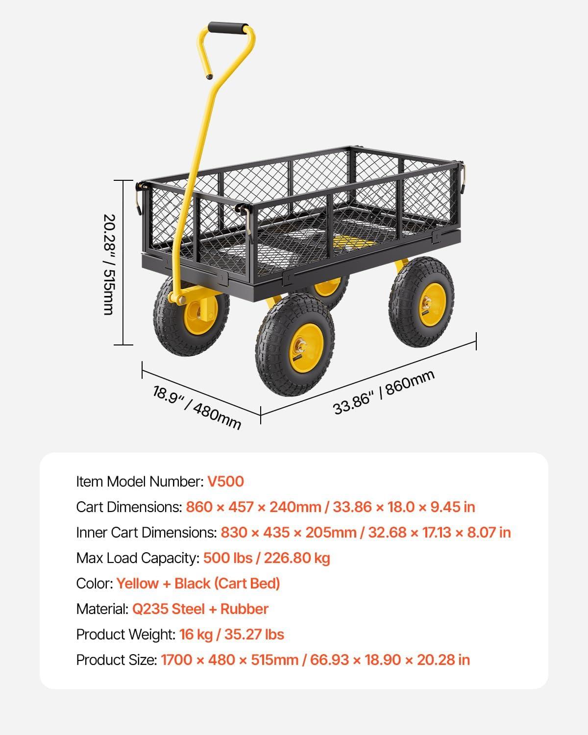 image:imageVEVOR 900 LBS Steel Garden Cart 2 in 1 Handle Heavy Duty Pullable Garden Wagon with 10 FlatFree Tires Outdoor Utility Yard Wagon Cart with Detachable Side Panels Attach to ATV or TractorBlackyellow