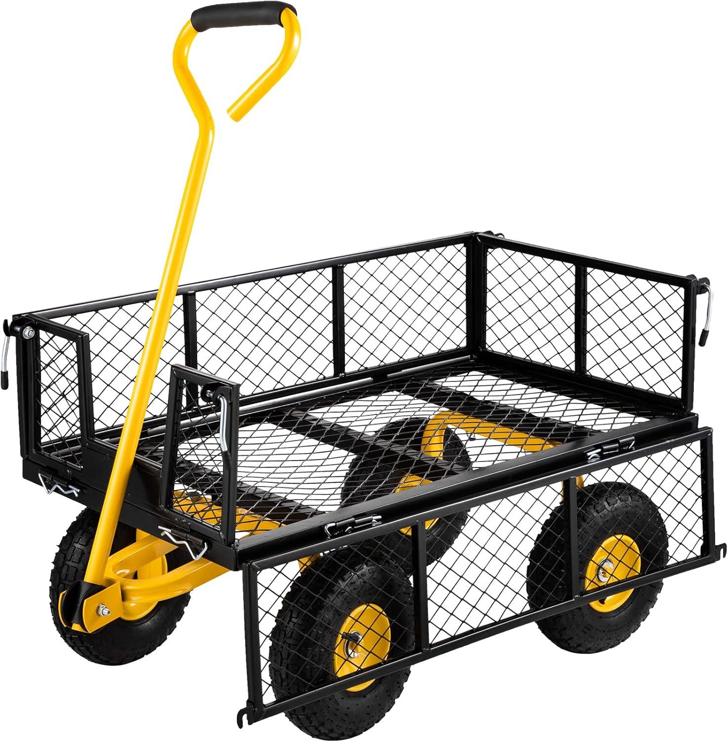 image:imageVEVOR 900 LBS Steel Garden Cart 2 in 1 Handle Heavy Duty Pullable Garden Wagon with 10 FlatFree Tires Outdoor Utility Yard Wagon Cart with Detachable Side Panels Attach to ATV or TractorBlackyellow