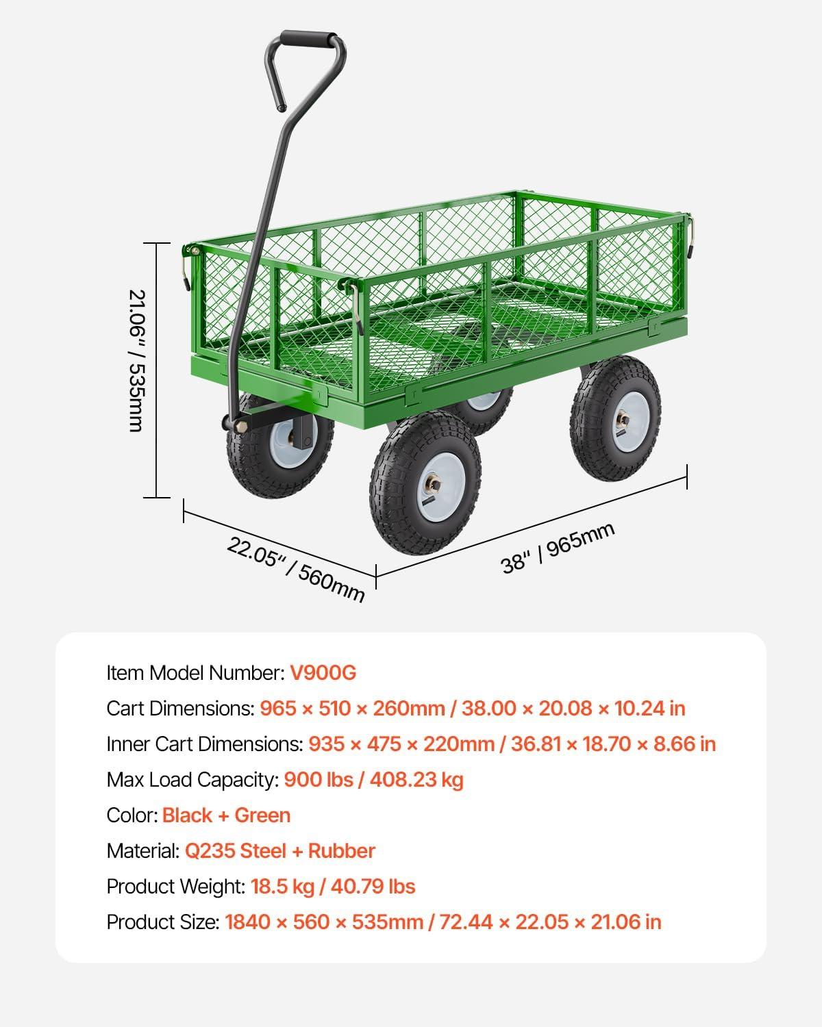 image:imageVEVOR 900 LBS Steel Garden Cart 2 in 1 Handle Heavy Duty Pullable Garden Wagon with 10 FlatFree Tires Outdoor Utility Yard Wagon Cart with Detachable Side Panels Attach to ATV or TractorBlackgreen