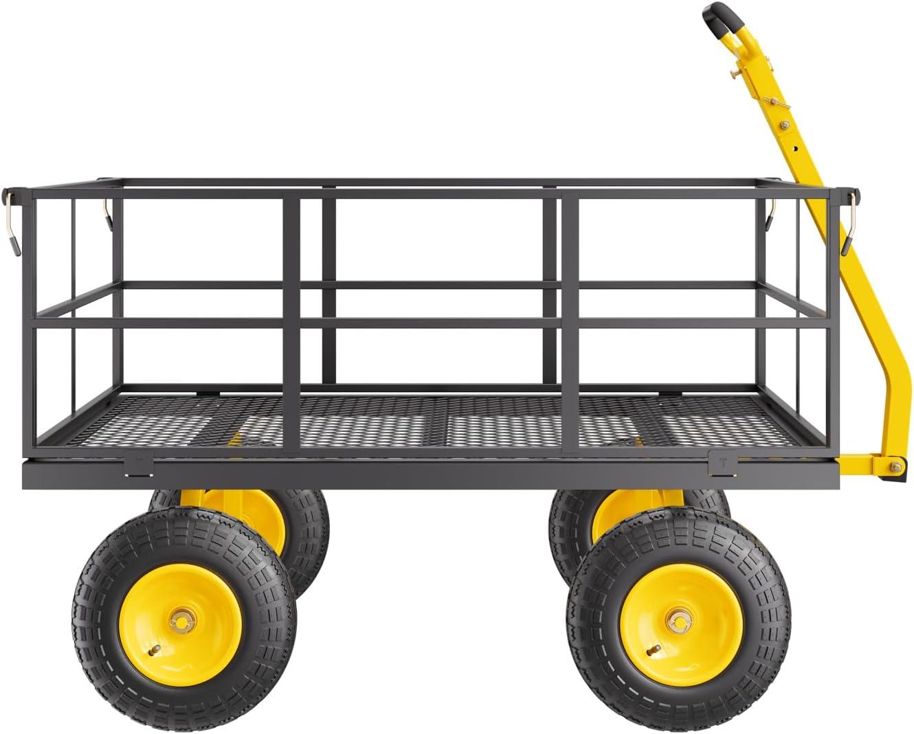 image:imageVEVOR 900 LBS Steel Garden Cart 2 in 1 Handle Heavy Duty Pullable Garden Wagon with 10 FlatFree Tires Outdoor Utility Yard Wagon Cart with Detachable Side Panels Attach to ATV or TractorBlackyellow