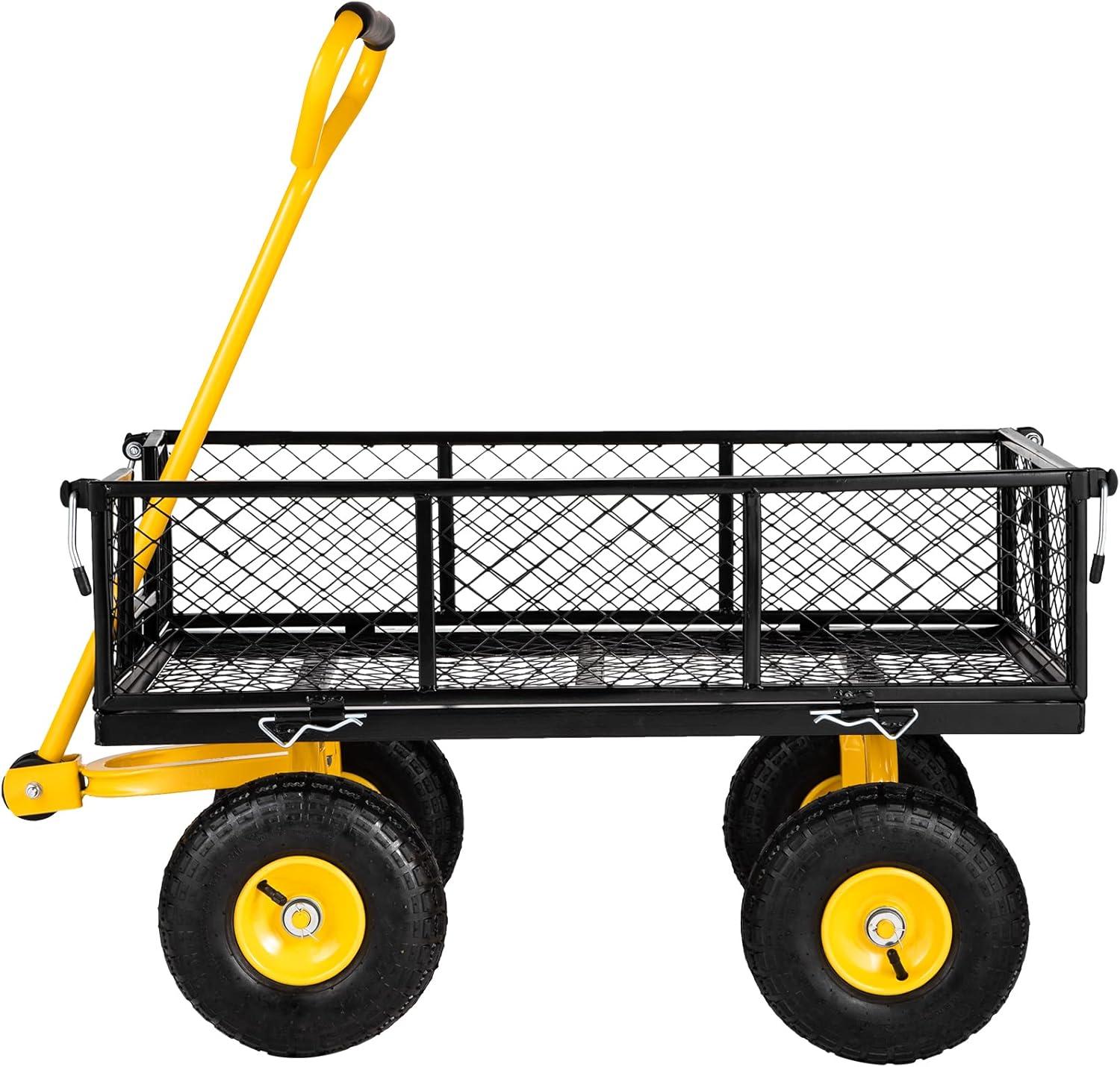 image:imageVEVOR 900 LBS Steel Garden Cart 2 in 1 Handle Heavy Duty Pullable Garden Wagon with 10 FlatFree Tires Outdoor Utility Yard Wagon Cart with Detachable Side Panels Attach to ATV or TractorBlackyellow