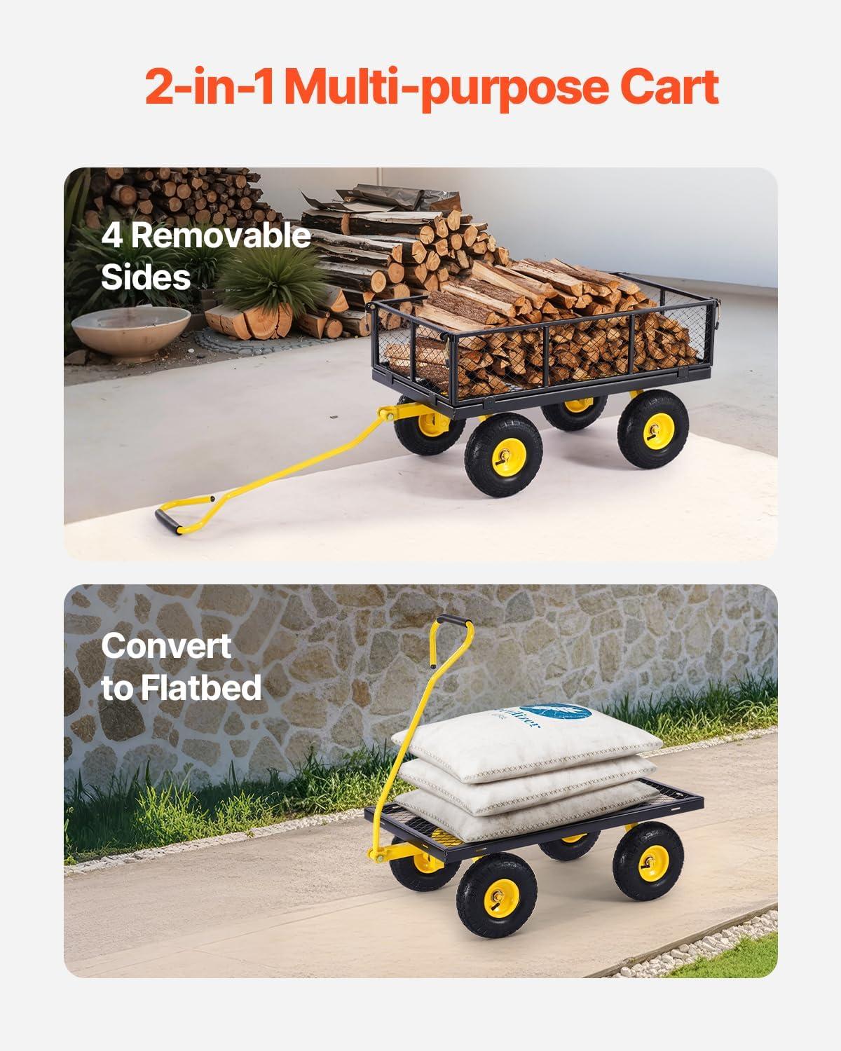 image:imageVEVOR 900 LBS Steel Garden Cart 2 in 1 Handle Heavy Duty Pullable Garden Wagon with 10 FlatFree Tires Outdoor Utility Yard Wagon Cart with Detachable Side Panels Attach to ATV or TractorBlackyellow