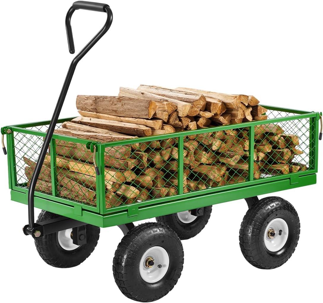 image:imageVEVOR 900 LBS Steel Garden Cart 2 in 1 Handle Heavy Duty Pullable Garden Wagon with 10 FlatFree Tires Outdoor Utility Yard Wagon Cart with Detachable Side Panels Attach to ATV or TractorBlackgreen
