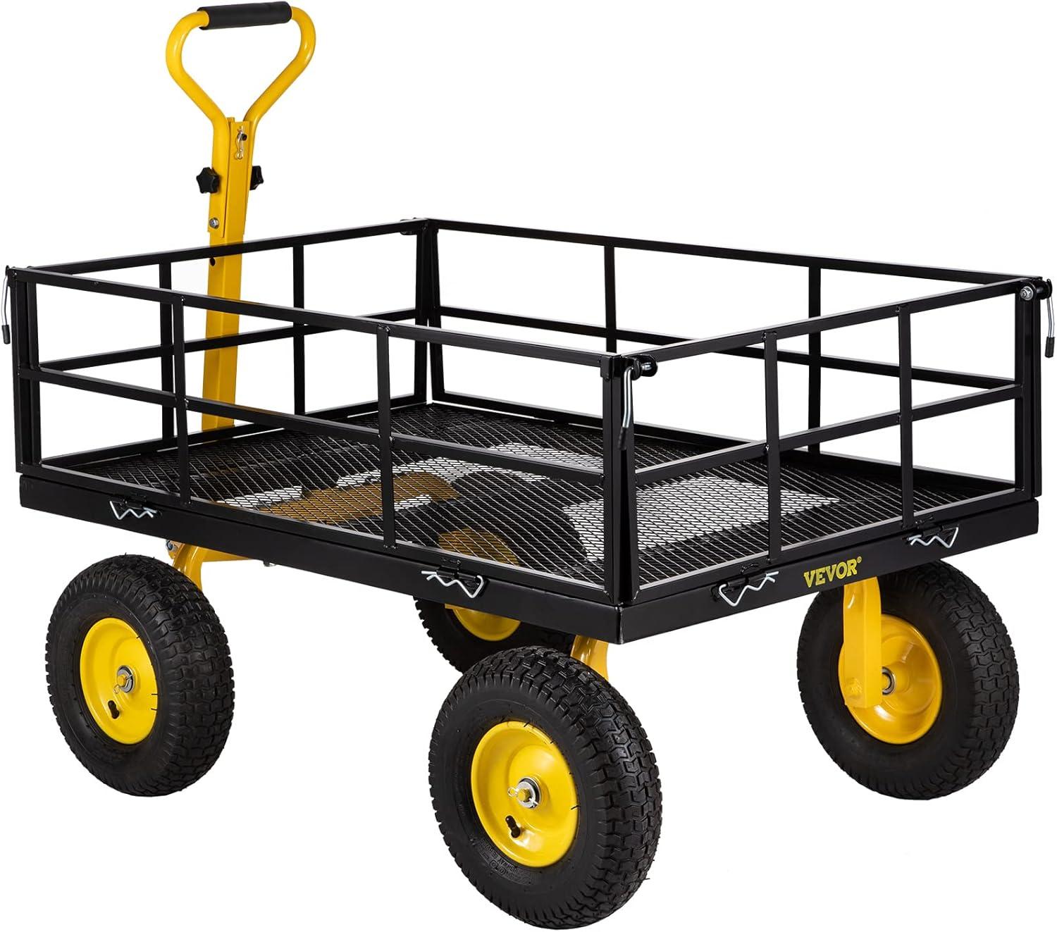 image:imageVEVOR 900 LBS Steel Garden Cart 2 in 1 Handle Heavy Duty Pullable Garden Wagon with 10 FlatFree Tires Outdoor Utility Yard Wagon Cart with Detachable Side Panels Attach to ATV or TractorBlackyellow