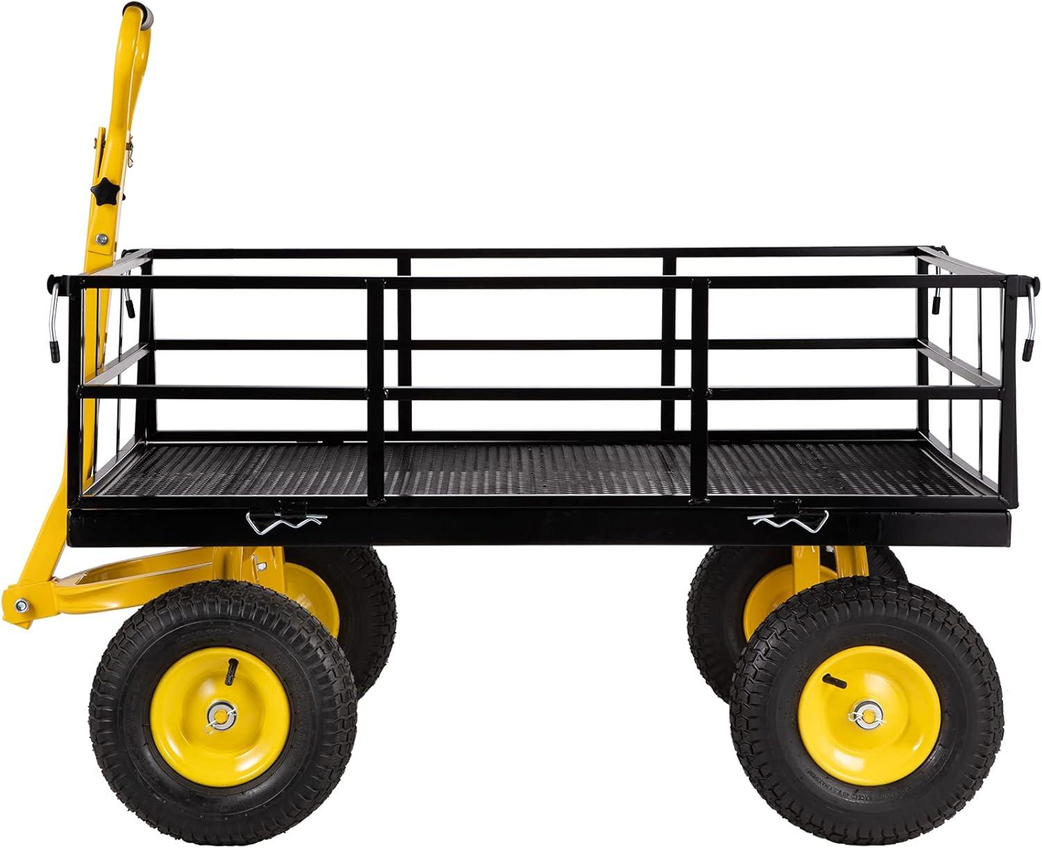 image:imageVEVOR 900 LBS Steel Garden Cart 2 in 1 Handle Heavy Duty Pullable Garden Wagon with 10 FlatFree Tires Outdoor Utility Yard Wagon Cart with Detachable Side Panels Attach to ATV or TractorBlackyellow