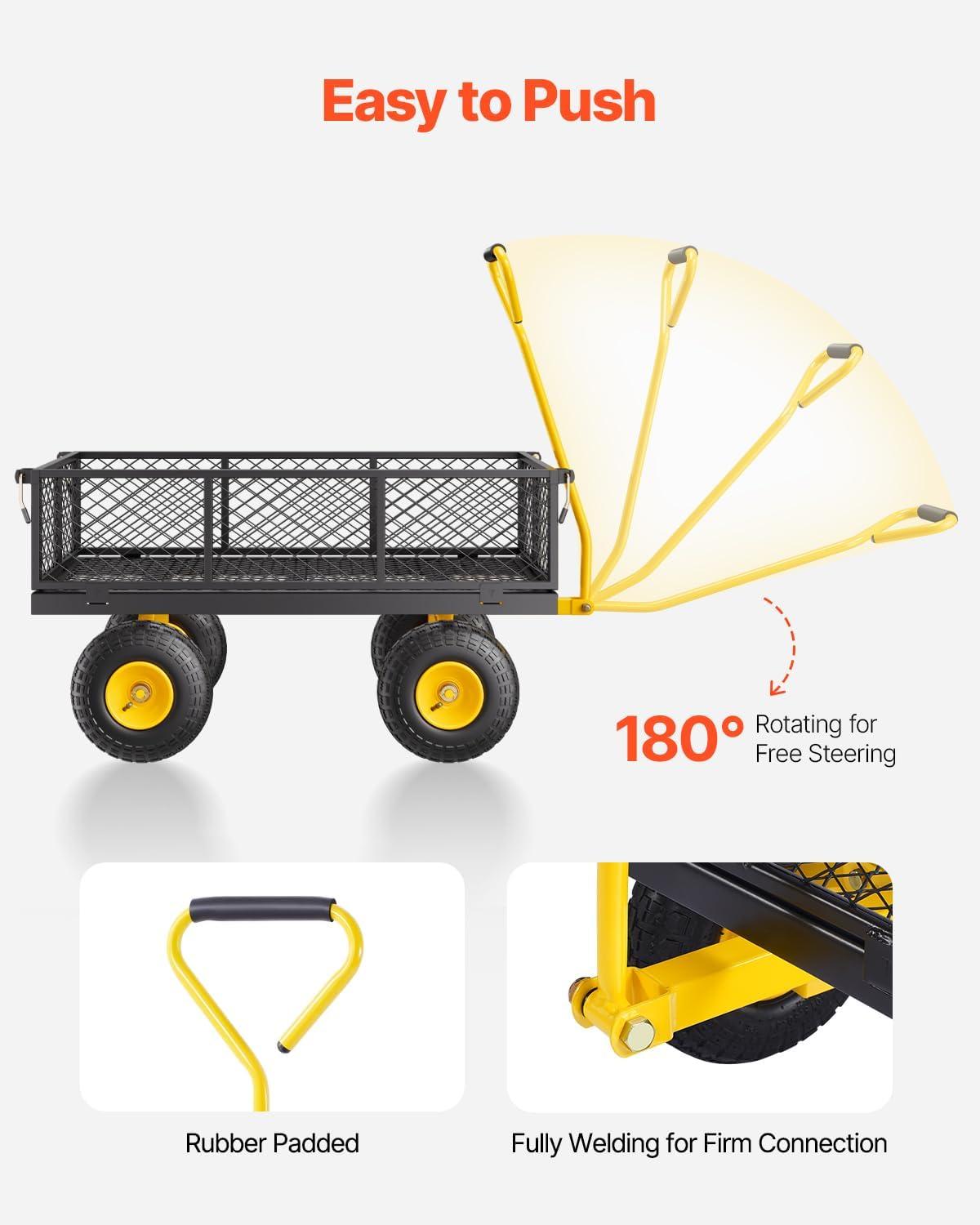 image:imageVEVOR 900 LBS Steel Garden Cart 2 in 1 Handle Heavy Duty Pullable Garden Wagon with 10 FlatFree Tires Outdoor Utility Yard Wagon Cart with Detachable Side Panels Attach to ATV or TractorBlackyellow