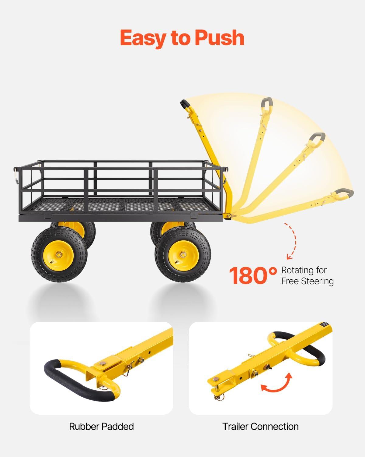 image:imageVEVOR 900 LBS Steel Garden Cart 2 in 1 Handle Heavy Duty Pullable Garden Wagon with 10 FlatFree Tires Outdoor Utility Yard Wagon Cart with Detachable Side Panels Attach to ATV or TractorBlackyellow