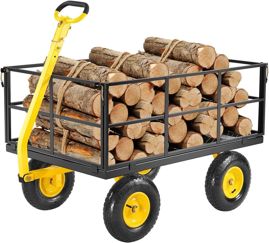 image:imageVEVOR 900 LBS Steel Garden Cart 2 in 1 Handle Heavy Duty Pullable Garden Wagon with 10 FlatFree Tires Outdoor Utility Yard Wagon Cart with Detachable Side Panels Attach to ATV or TractorBlackyellow