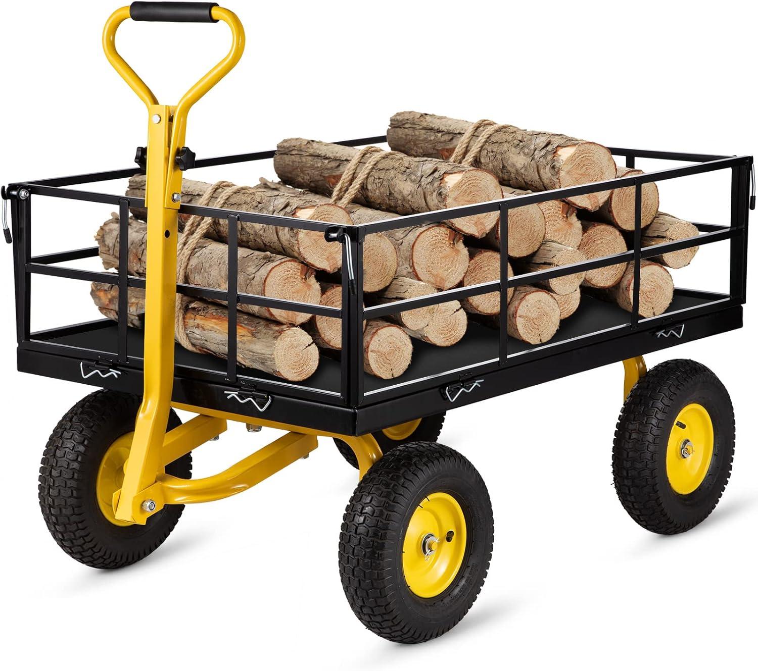 image:imageVEVOR 900 LBS Steel Garden Cart 2 in 1 Handle Heavy Duty Pullable Garden Wagon with 10 FlatFree Tires Outdoor Utility Yard Wagon Cart with Detachable Side Panels Attach to ATV or TractorBlackyellow
