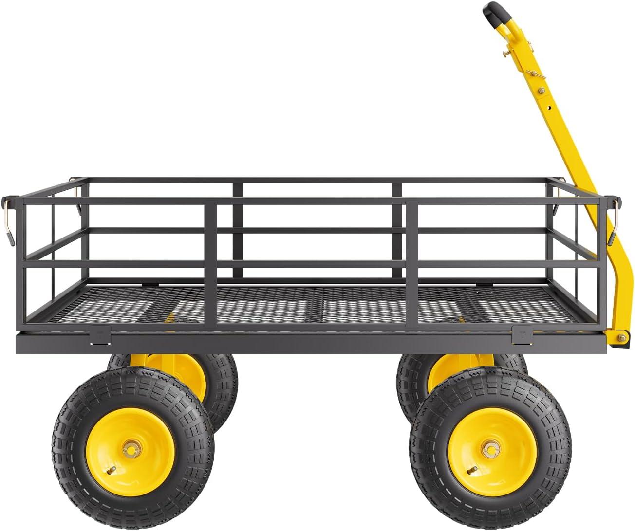 image:imageVEVOR 900 LBS Steel Garden Cart 2 in 1 Handle Heavy Duty Pullable Garden Wagon with 10 FlatFree Tires Outdoor Utility Yard Wagon Cart with Detachable Side Panels Attach to ATV or TractorBlackyellow