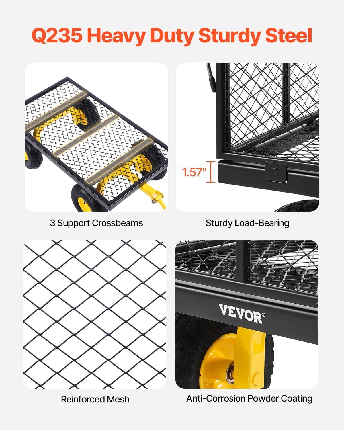 image:imageVEVOR 900 LBS Steel Garden Cart 2 in 1 Handle Heavy Duty Pullable Garden Wagon with 10 FlatFree Tires Outdoor Utility Yard Wagon Cart with Detachable Side Panels Attach to ATV or TractorBlackyellow